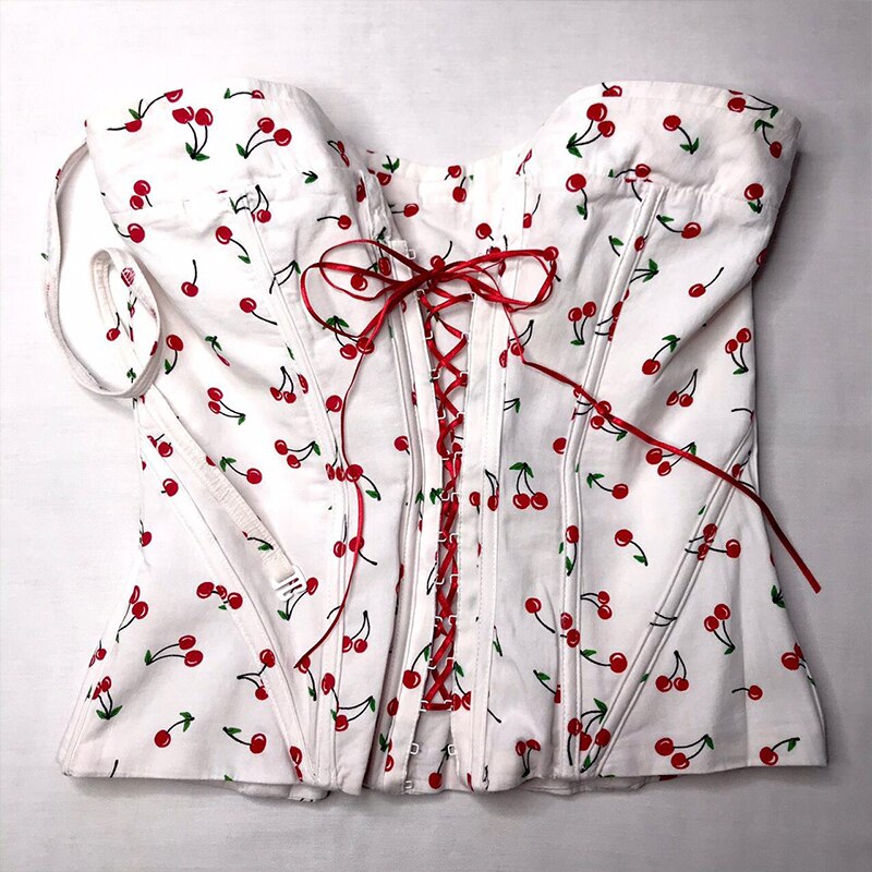 Dourbesty Kawaii Cute Cheery Print Camis Y2K Corset Top Women Bandage Spaghetti Strap Sleeveless Sexy Camisole Summer Streetwear