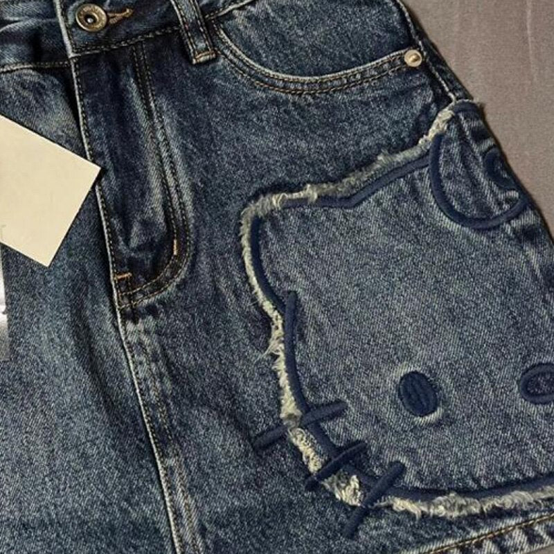 Hellokitty Sanrio Anime Cute Kawaii Summer Girl Y2K Sexy Denim Skirt Jeans Female Vintage Casual Slim A-Line Mini Skirts