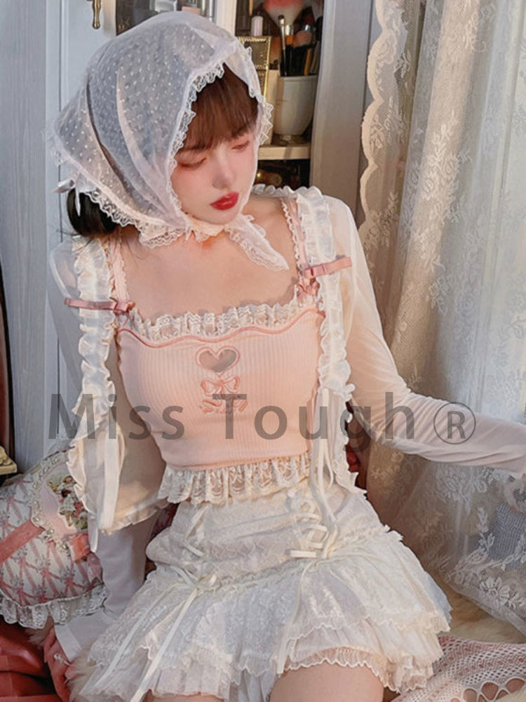 Pink Korean Style Kawaii Lolita Vset Women White Japanese Sweet Cute Tank Top Female Blue Lace Sexy France Princess Crop Top New