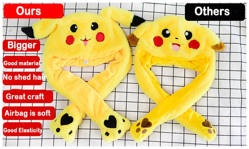 Cute Bunny Ears Hat Moving Pikachu Rabbit Soft Jumping Up Cap Funny Toy Girls Cartoon Kawaii Plush Hat Toys Gift for Adult Kids
