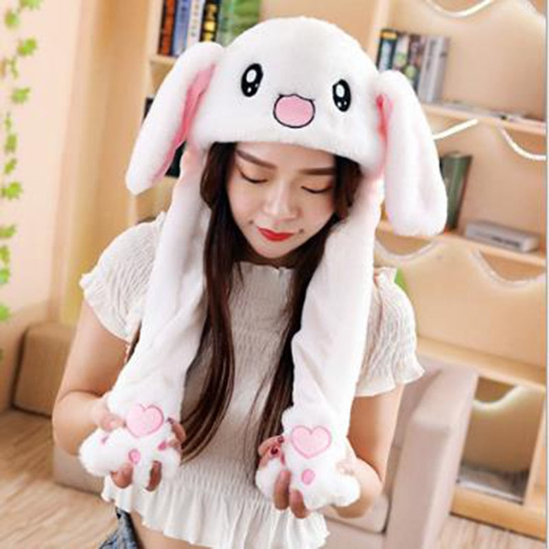 Cute Bunny Ears Hat Moving Pikachu Rabbit Soft Jumping Up Cap Funny Toy Girls Cartoon Kawaii Plush Hat Toys Gift for Adult Kids