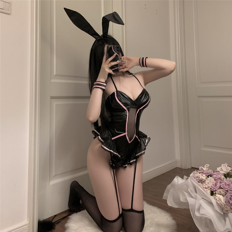 NEW Bunny Girl Cosplay Costume PU Leather One Piece Bodysuit Sexy Black Pink Rabbit Suit Kawaii Ears Anime Outfit for Women