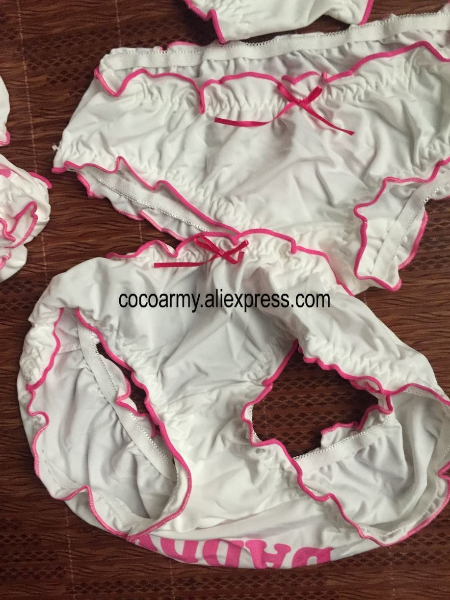 Daddy Cute Letter Frill Ruffle Bow White Panty Low Rise Brief Sexy Japan Lolita Lingerie Underwear Exotic Kawaii Student Cosplay