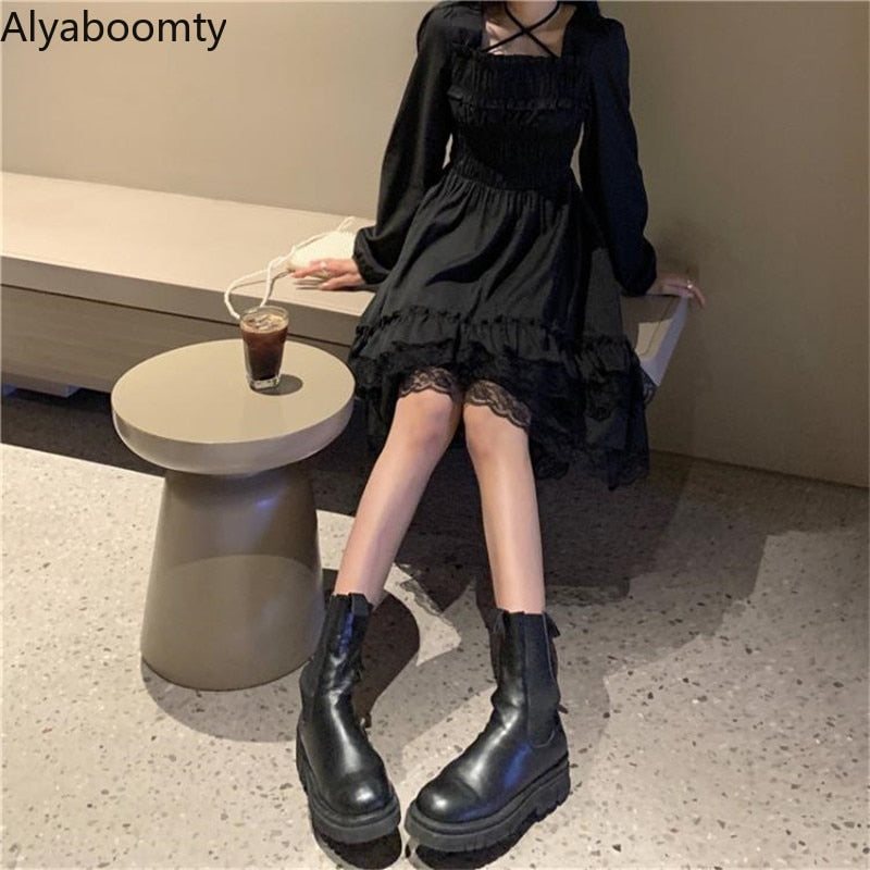 New Gothic Women Black Fairy Party Dress Cross Square Collar Lolita Princess Irregular Dress Cute Kawaii Lace Ruffles Chic Dress