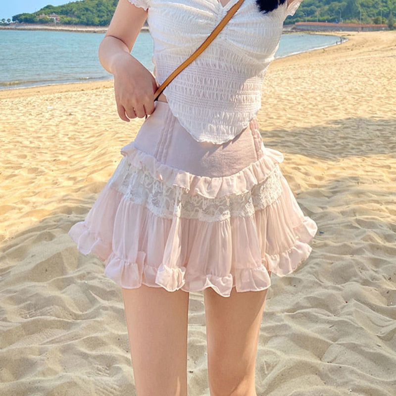 HOUZHOU Kawaii Cute Ruffle Skirt Women Pink Lolita High Waist Lace Patchwork Fairycore Mesh A-line Mini Skirt Summer Mori Girl