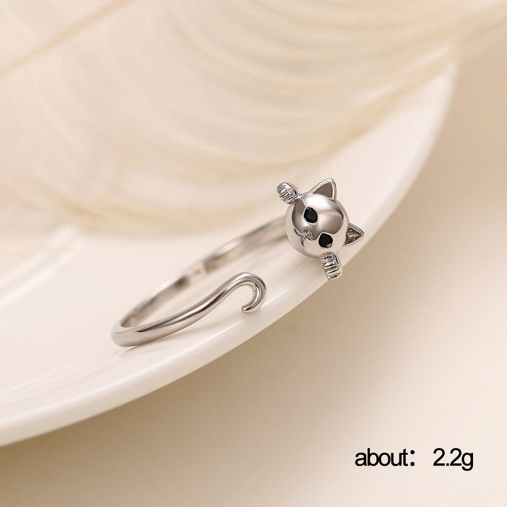 Kawaii Cute Cat Open Ring Silver Color Girl Adjustable Rings For Woman Party Crystal Zircon Fashion Gifts Jewelry