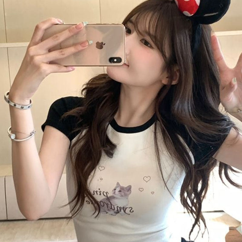 Hikigawa Fashion Y2k Crop Tops kawaii Harajuku Short-sleeved women's cute heart print Slim Fit Tees Sexy Irregular Goth Tshirts