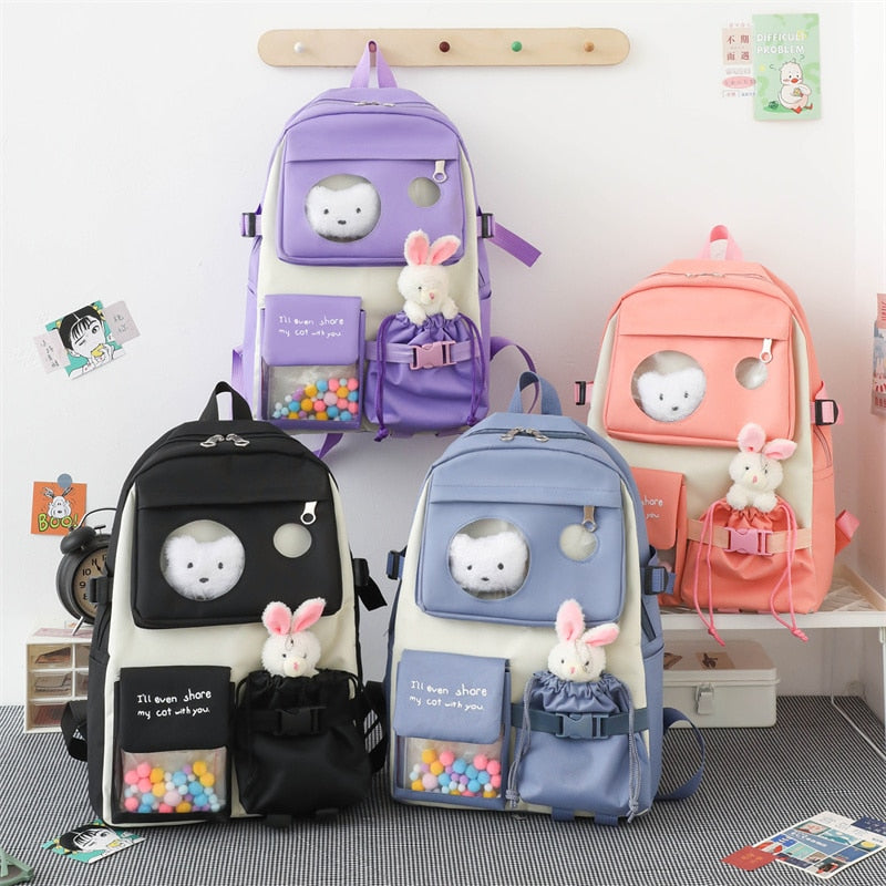 5 Pcs Sets school bags for girls Kids Backpack Children's School Backpack Kawaii Plush rabbit Women's Backpack Bookbag mochilas