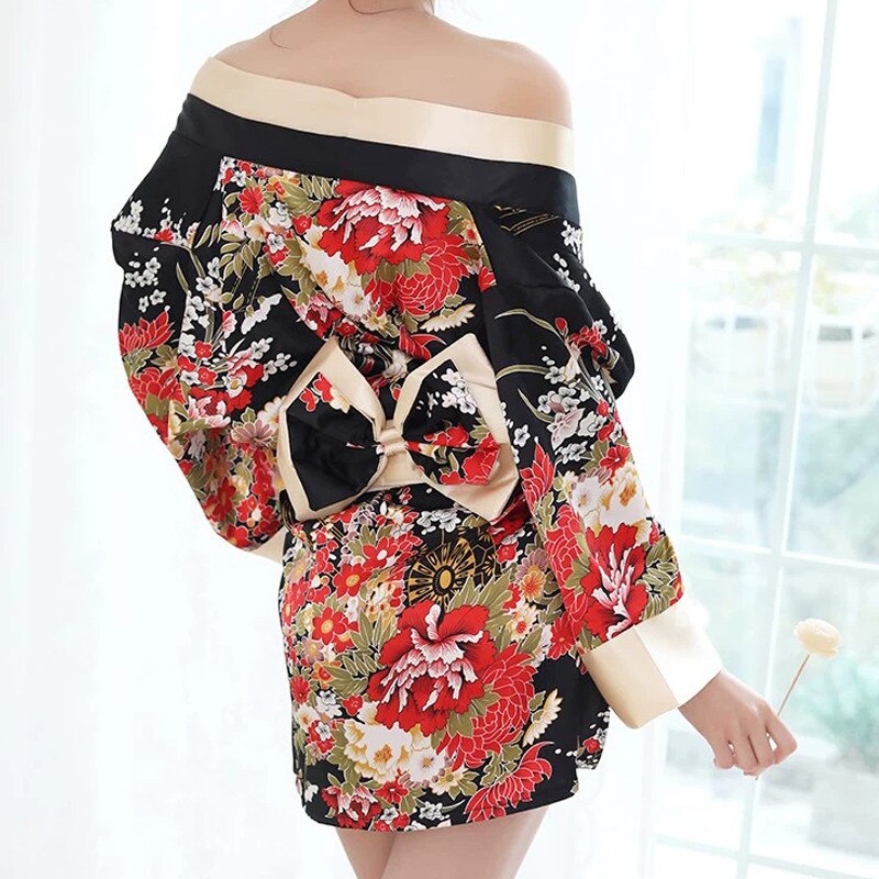 Japanese Sakura Girl Kimono Dress Obi for Women Kawaii Yukata Sexy Long Robe Floral Female Chiffon Japan Style Pajamas Party