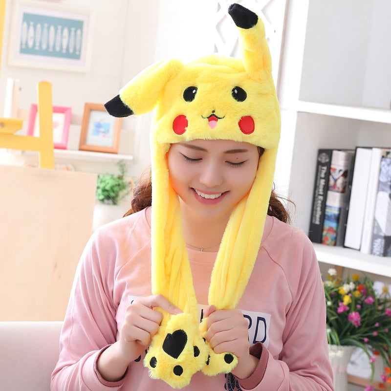 Cute Bunny Ears Hat Moving Pikachu Rabbit Soft Jumping Up Cap Funny Toy Girls Cartoon Kawaii Plush Hat Toys Gift for Adult Kids
