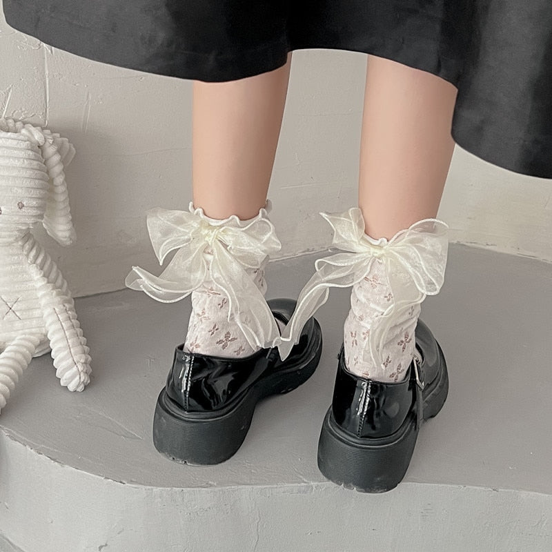 Summer Hollow Thin Breathable Kawaii Socks Sexy Lace Mesh Thin Crew Socks JK Lolita Japanese Kawaii Cute Bow Frilly Socks Women