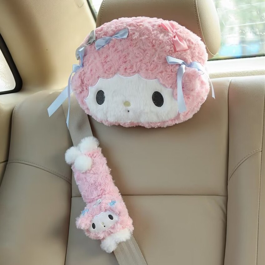 Sanrio Cute My Melody Car Seat Headrest Seat Belt Cover Kawaii Soft Comfortable Back Cushion Pillow Blanket Xmas Gifts Girl