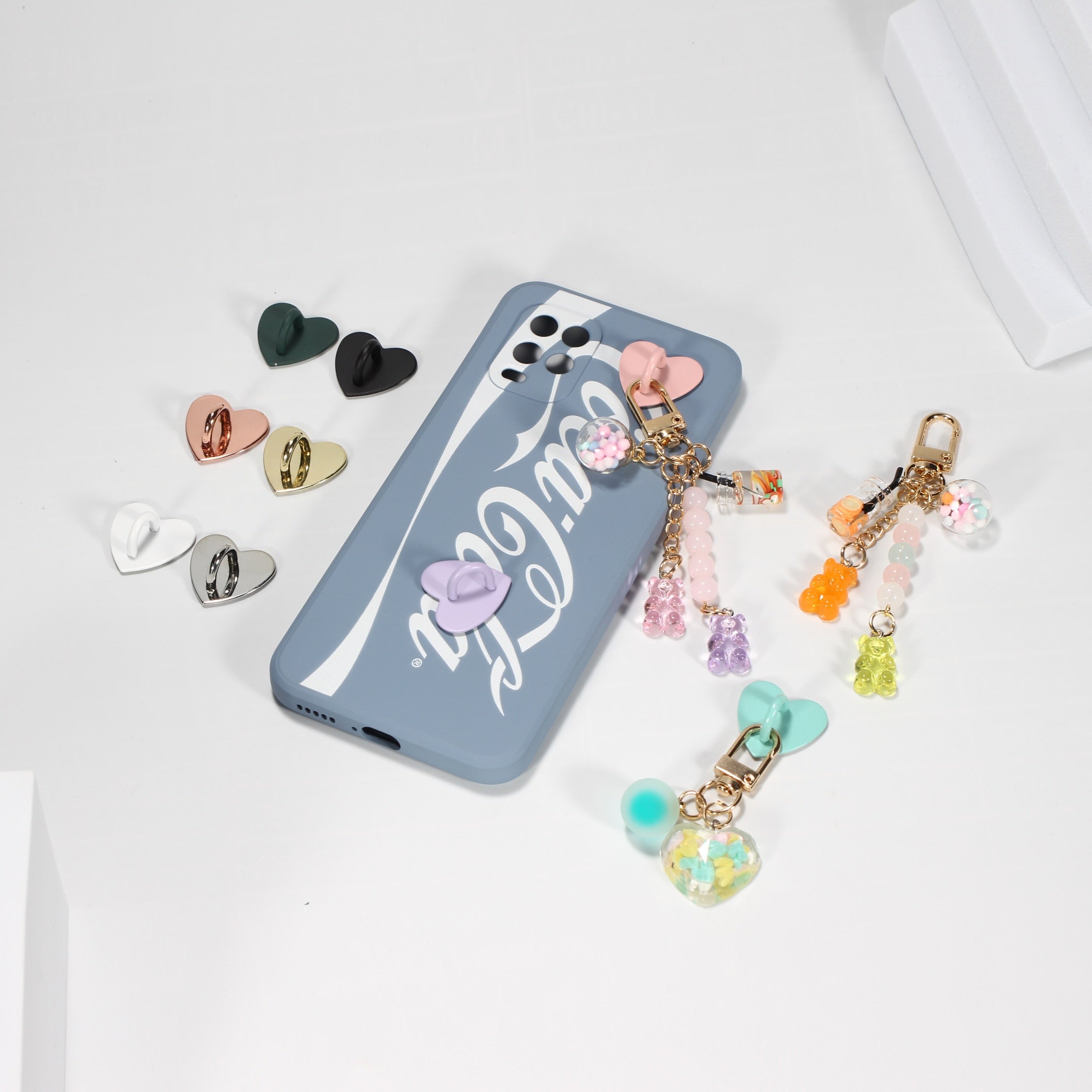 Kawaii Adhesive Metal Heart Phone Charm Holder Mobile Phone Case Finger Ring Stand Hooks Buckle Charms Clasp Accessories Pendant
