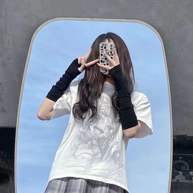 Y2k Goth Lolita Anime Thin Solid Gloves JK Kawaii Girl Mitten Oversleeve Man Women Fashion Sun Block Cuff Fingerless Arm Warmers