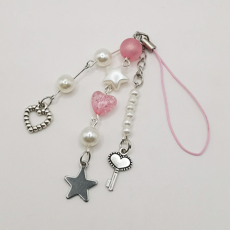 Pink Y2K Phone Charms Pendant Kawaii Key Chain For Bag iPhone Samsung Cute Accessories Women Girl Strap Lanyard Beaded Ins Korea