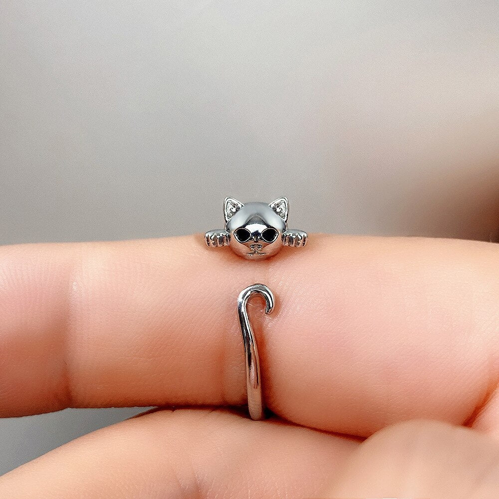 Kawaii Cute Cat Open Ring Silver Color Girl Adjustable Rings For Woman Party Crystal Zircon Fashion Gifts Jewelry