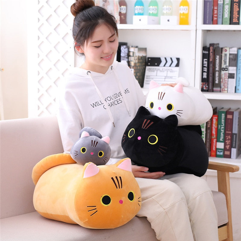 25-50cm Cute Soft Cat Plush Pillow Sofa Cushion Kawaii Plush Toy Stuffed Cartoon Animal Black Cat Doll for Kids Girl Lovely Gift