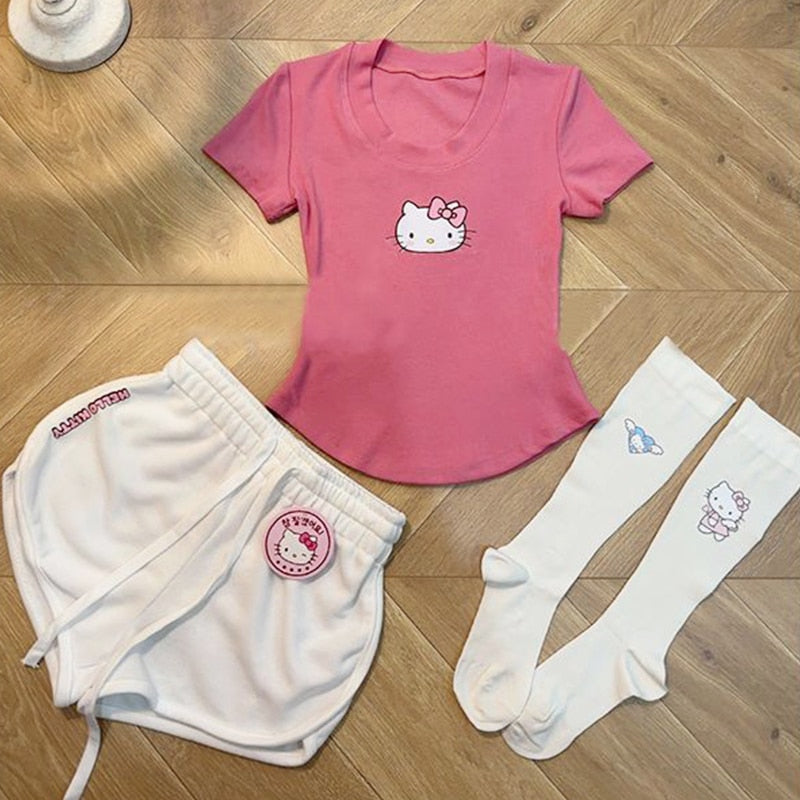 Summer Kawaii Hello Kitty T-Shirt Shorts Socks Anime Cartoon Sexy Girls Fashion Short Sleeve Pullover Fashion Sportswear Clothes