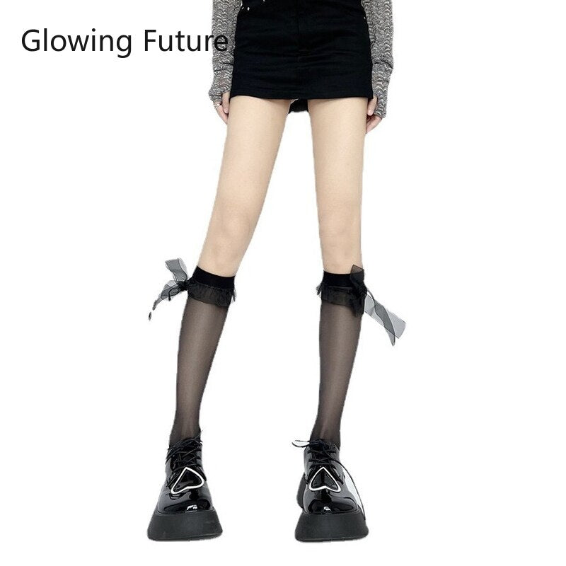 Sexy Thin Sheer Calf Socks Lolita Lace Solid Color Cute Stockings Women Fashion JK Summer Black White Kawaii Calcetas Escolares