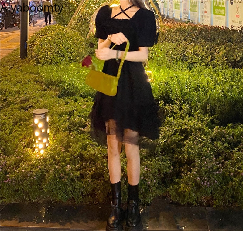 New Gothic Women Black Fairy Party Dress Cross Square Collar Lolita Princess Irregular Dress Cute Kawaii Lace Ruffles Chic Dress