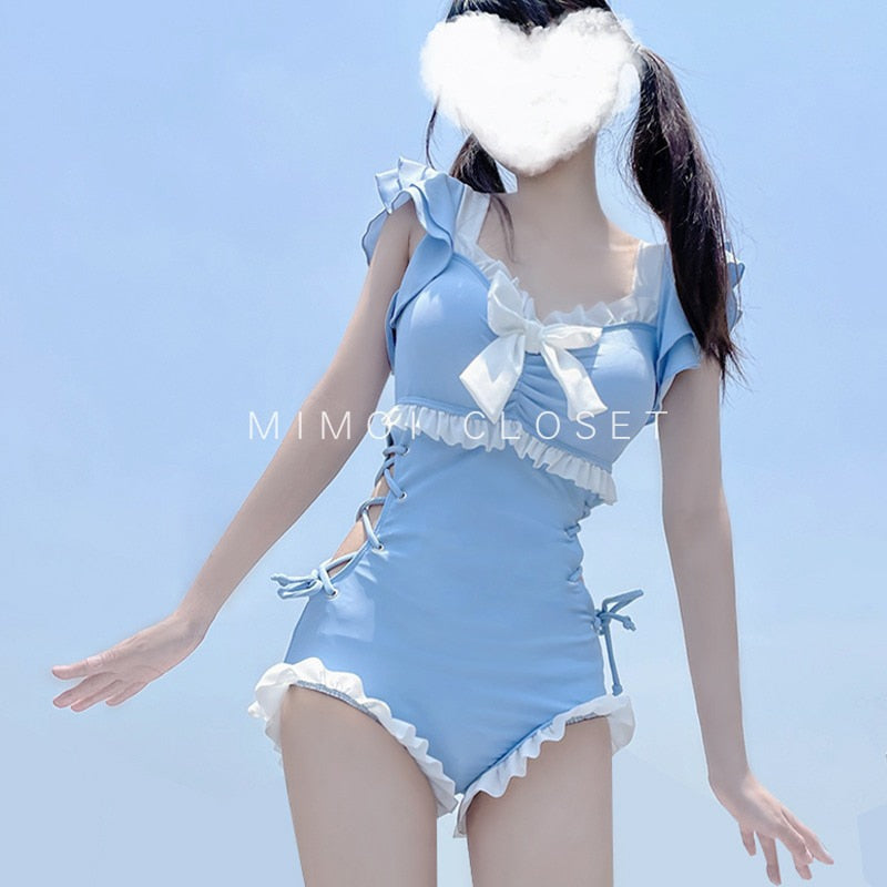 Kawaii Swimsuit Women Bikini One-Piece Monokini Sexy Push Up New Korean Fashion Swimwear Girls Padded Beach Wear Swimming Summer
