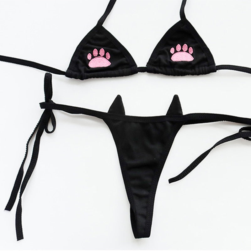 Sexy Bikini Cute Cat Paw Print Underwear Micro Bikini Set Exotic Lingerie Suit Lolita Maid Cosplay Kawaii Bra and Panty Swimwear