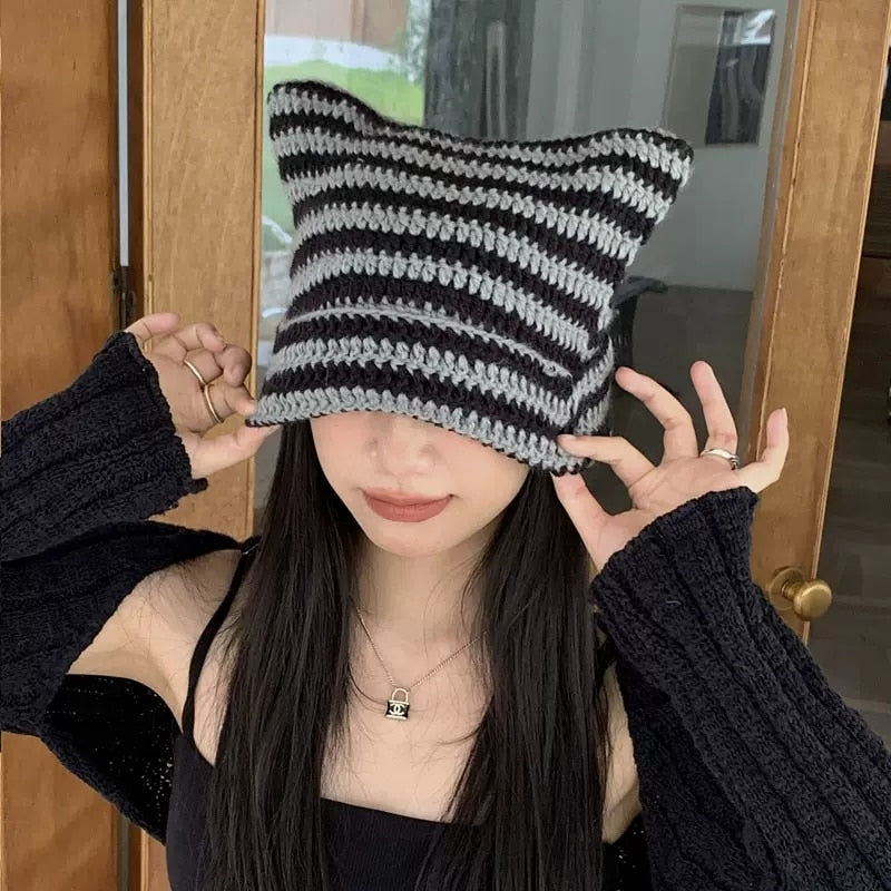 Y2K Harajuku Punk Gothic Knitted Cat Ear Little Devil Hat Millennium Women Kawaii Designer Winter Handmade Beanie Female Caps