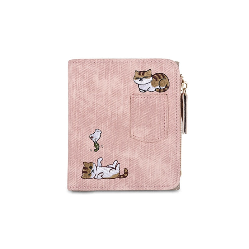 Embroidery Cat Women Short Wallet Zipper Coin Purse Short Women's Wallet Kawaii Mini Cards Holder Clutch for Girl Carteras Mujer