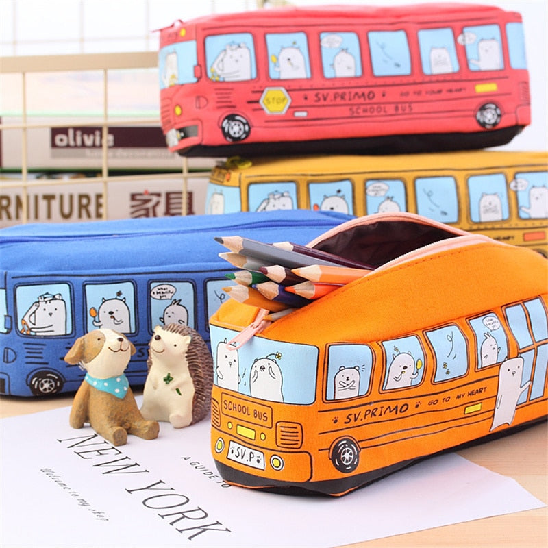 bus cute pencil case canvas Stationery box large capacity pen bag school Pencil cases for children pen case Kawaii student gifts
