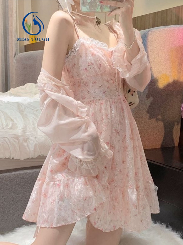 2 Piece Dress Set Women Floral Mini Dress + Casual Blouse Korean Fashion Suits Kawaii Clothing Lolita Dress Party 2022 Summer