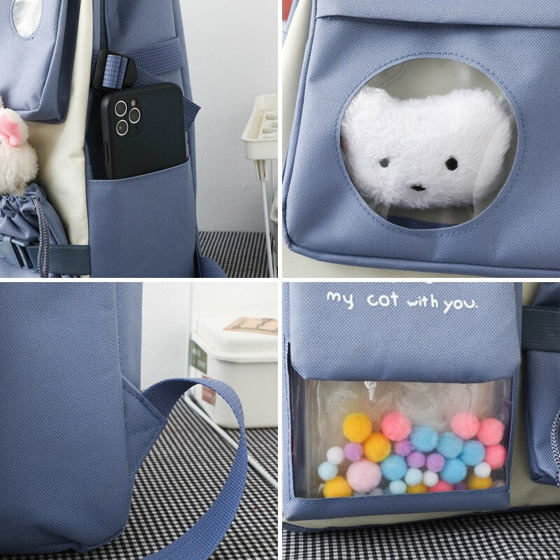 5 Pcs Sets school bags for girls Kids Backpack Children's School Backpack Kawaii Plush rabbit Women's Backpack Bookbag mochilas