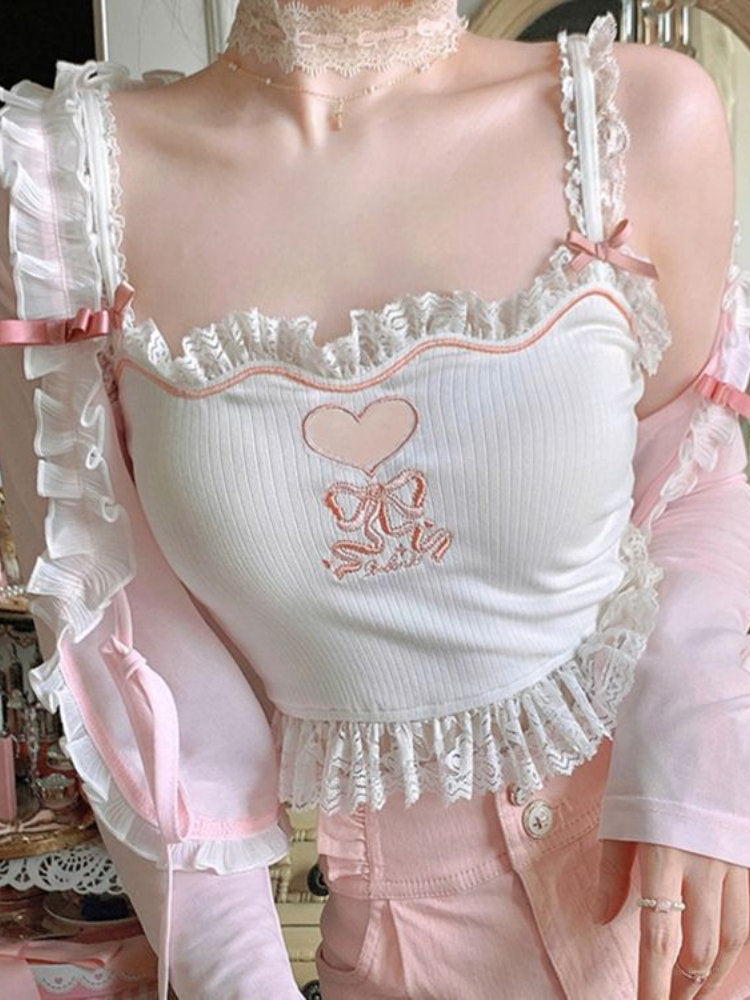 Pink Korean Style Kawaii Lolita Vset Women White Japanese Sweet Cute Tank Top Female Blue Lace Sexy France Princess Crop Top New