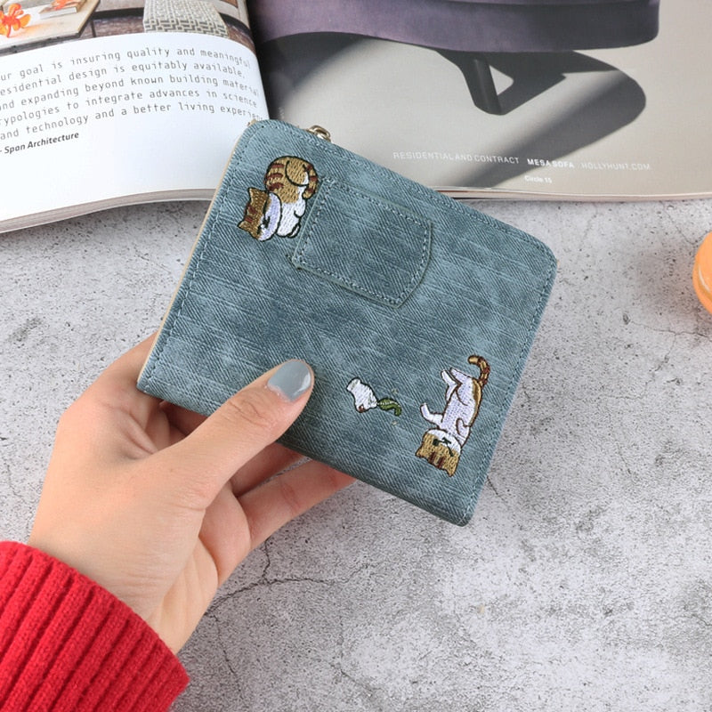 Embroidery Cat Women Short Wallet Zipper Coin Purse Short Women's Wallet Kawaii Mini Cards Holder Clutch for Girl Carteras Mujer