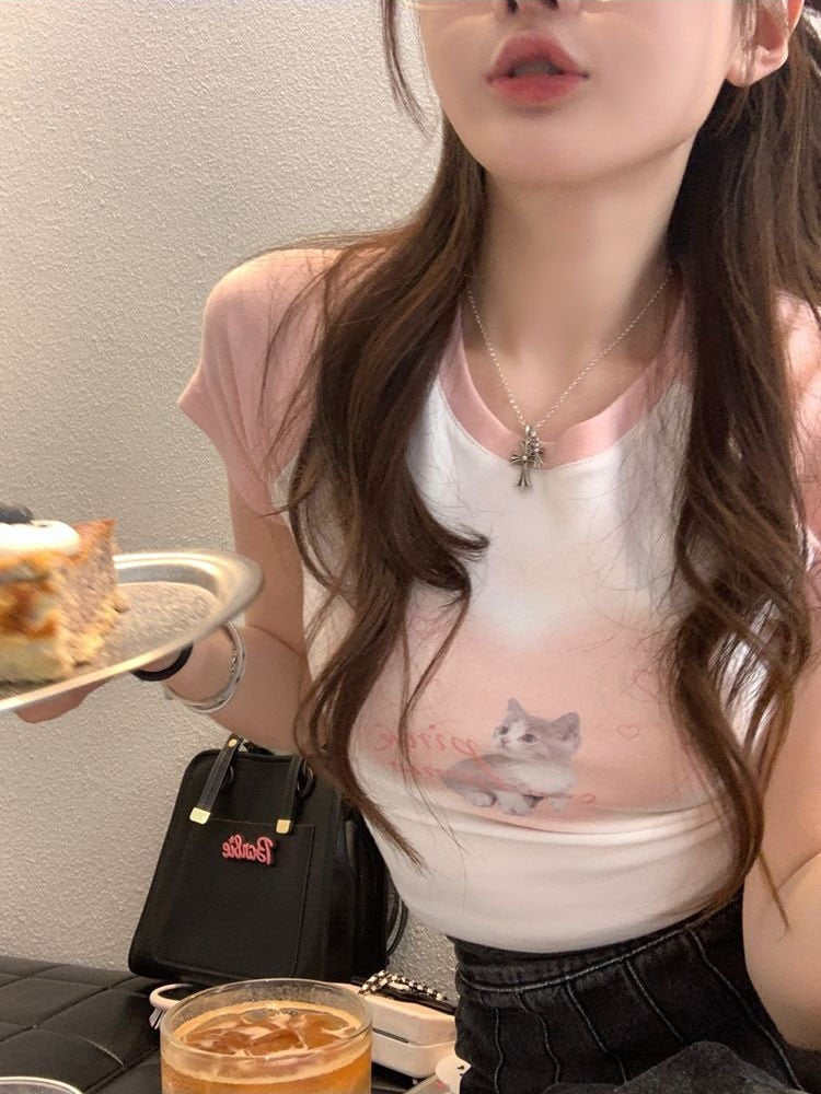 Hikigawa Fashion Y2k Crop Tops kawaii Harajuku Short-sleeved women's cute heart print Slim Fit Tees Sexy Irregular Goth Tshirts