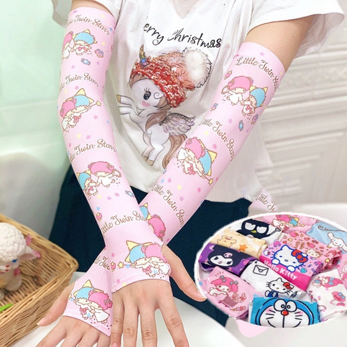 Kawaii Sanrios Kuromi My Melody Cinnamonroll Men Women Arm Sleeves Summer Breathable Quick Dry UV Protection Ice Silk Gloves