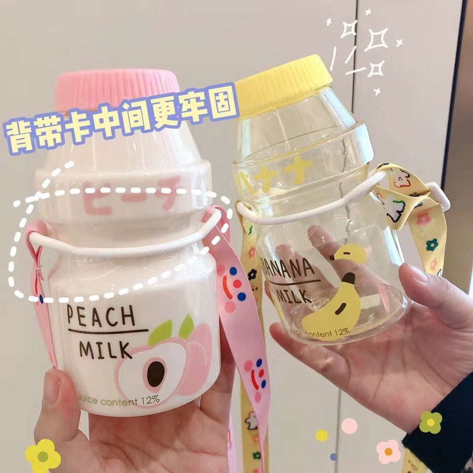 450ml Yogurt Plastic Cute Water Bottle With Straps Carton Kawaii Tour Fruit Drinking Yakult Shape Milk Portable Kids/Girl/Adult