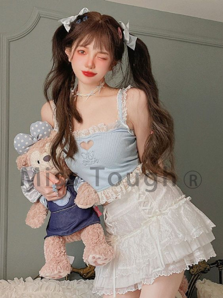 Pink Korean Style Kawaii Lolita Vset Women White Japanese Sweet Cute Tank Top Female Blue Lace Sexy France Princess Crop Top New