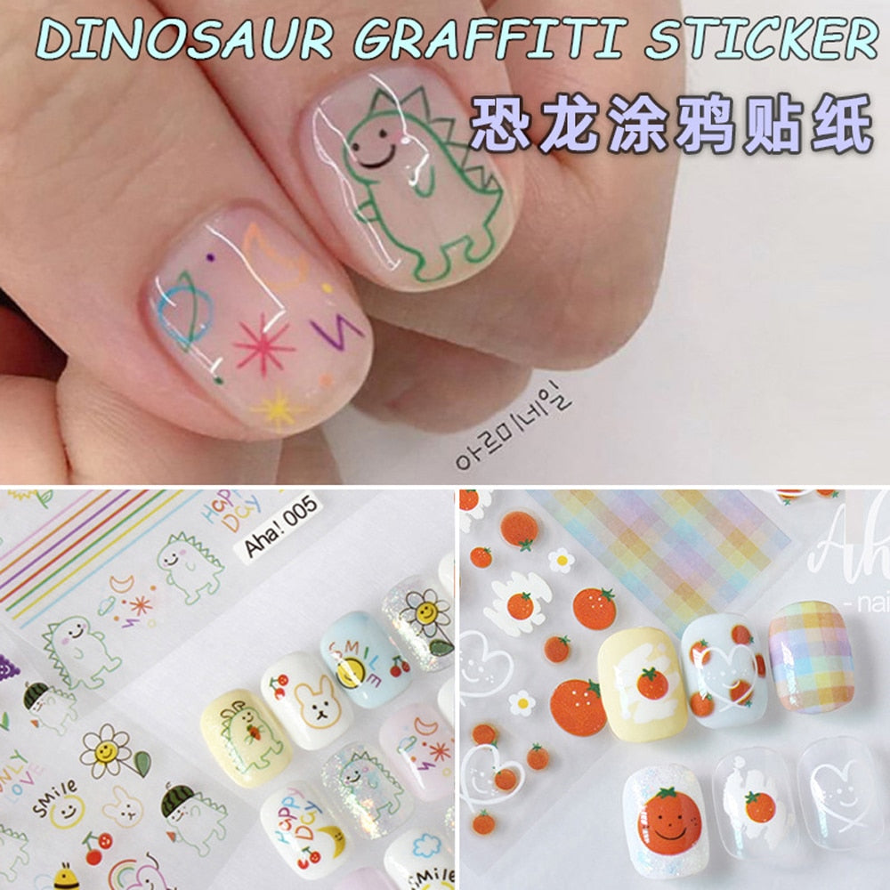 1Pcs Kawaii Dinosaur Nail Art Sticker Korean Self-adhesive Decal Cartoon Simple Strokes Sliders Manicure Decoration Parts GD#023