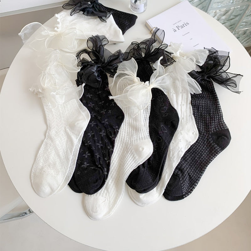 Summer Hollow Thin Breathable Kawaii Socks Sexy Lace Mesh Thin Crew Socks JK Lolita Japanese Kawaii Cute Bow Frilly Socks Women