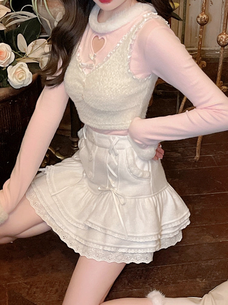 Japanese Kawaii Lolita Mini Skirt Women Winter Lace Casual Elegant Sweet Female Skirt High Waist Bandage Korean Skirt 2023 New