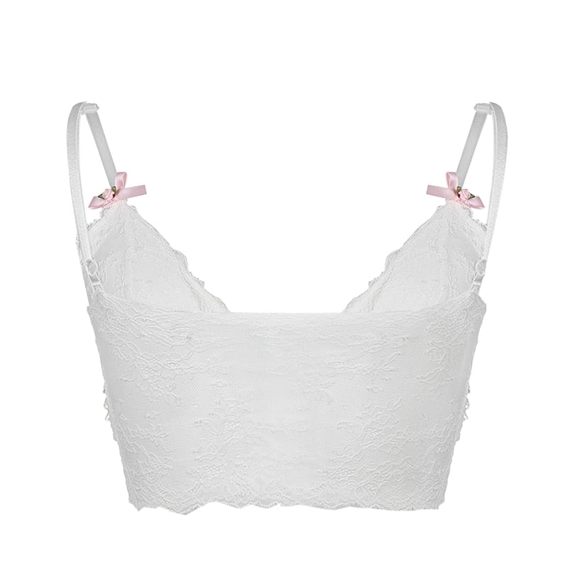 Women Sexy Lace Corset Tops V-neck Adjustable Sling Bowknot See Through Crop Tank Top Fairy Grunge Aesthetic Kawaii Vest