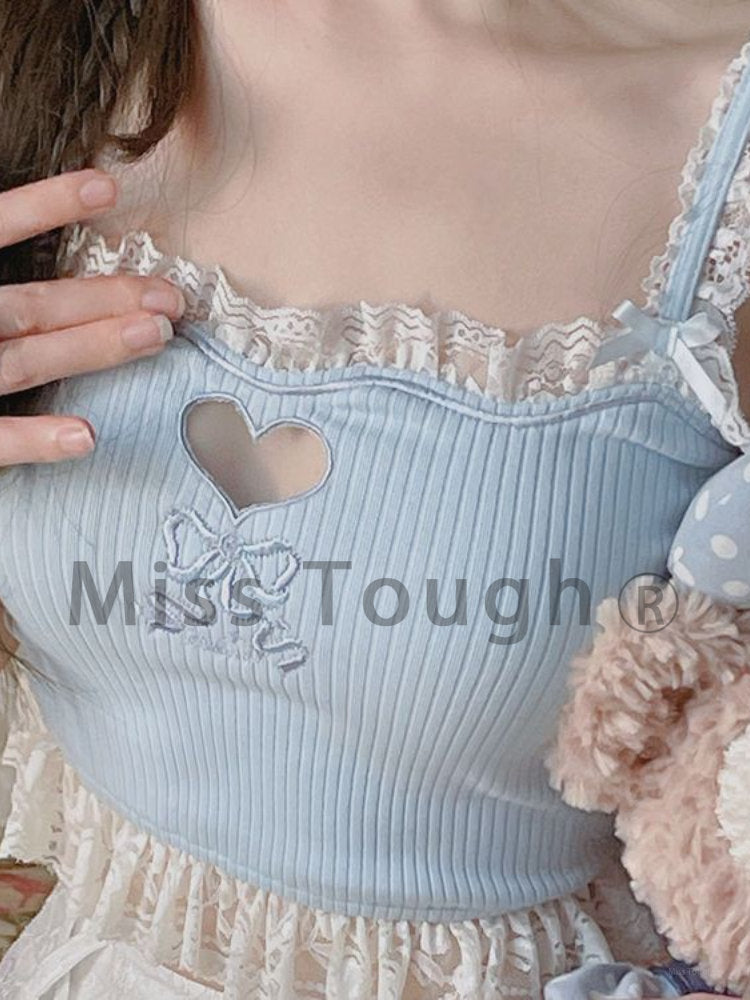 Pink Korean Style Kawaii Lolita Vset Women White Japanese Sweet Cute Tank Top Female Blue Lace Sexy France Princess Crop Top New