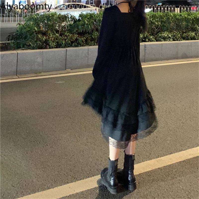 New Gothic Women Black Fairy Party Dress Cross Square Collar Lolita Princess Irregular Dress Cute Kawaii Lace Ruffles Chic Dress