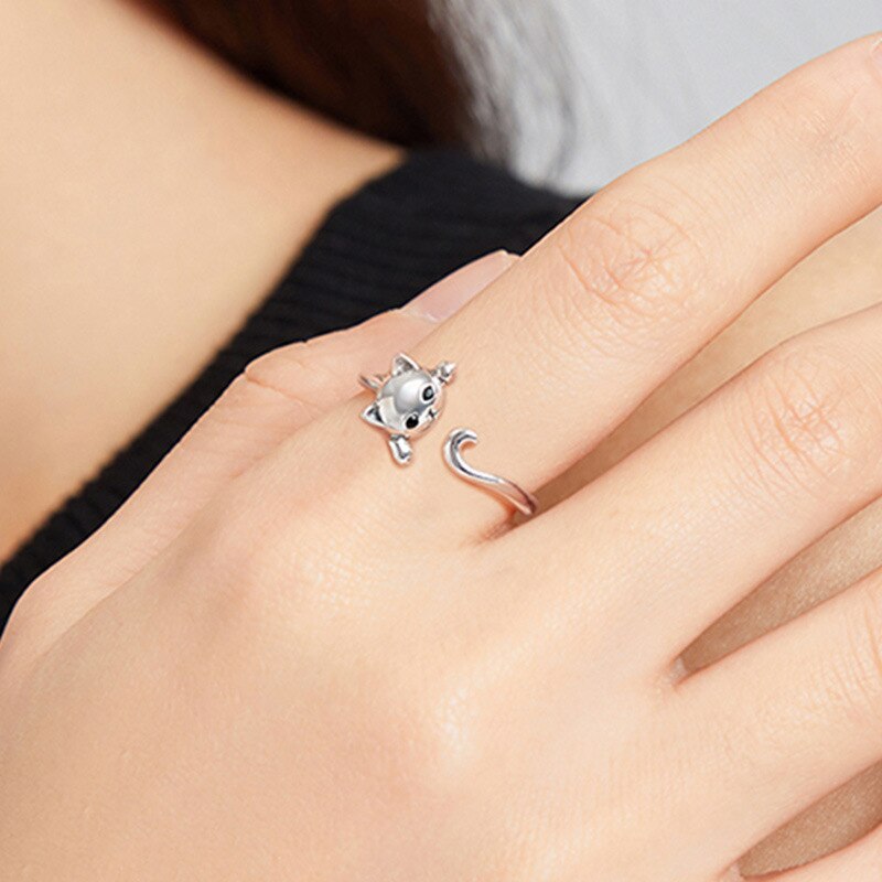 Kawaii Cute Cat Open Ring Silver Color Girl Adjustable Rings For Woman Party Crystal Zircon Fashion Gifts Jewelry