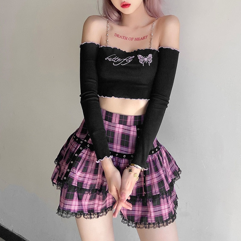 Lolita Cake Mini Skirts Gothic Japanese Harajuku Girls Purple Pink Plaid Pleated Skirt Punk Sweet Lace Kawaii Cosplay Costume
