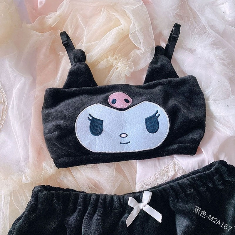 sanrio kawaii cartoon autumn winter mymelody kuromi cinnamon flannel pajamas underwear bra little devil sexy home clothes