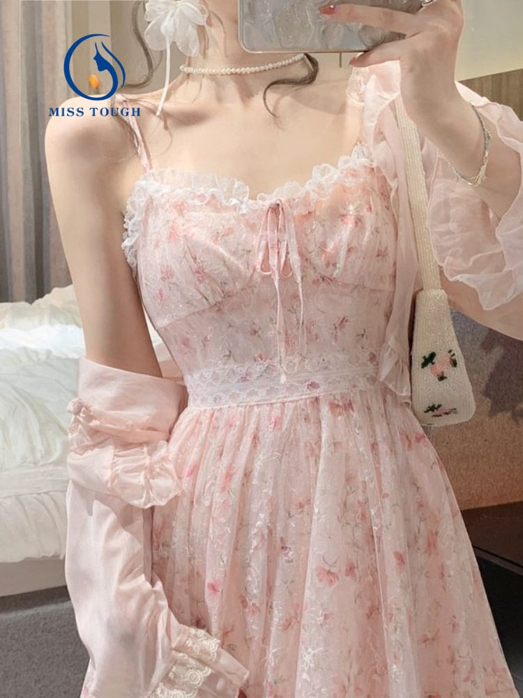 2 Piece Dress Set Women Floral Mini Dress + Casual Blouse Korean Fashion Suits Kawaii Clothing Lolita Dress Party 2022 Summer