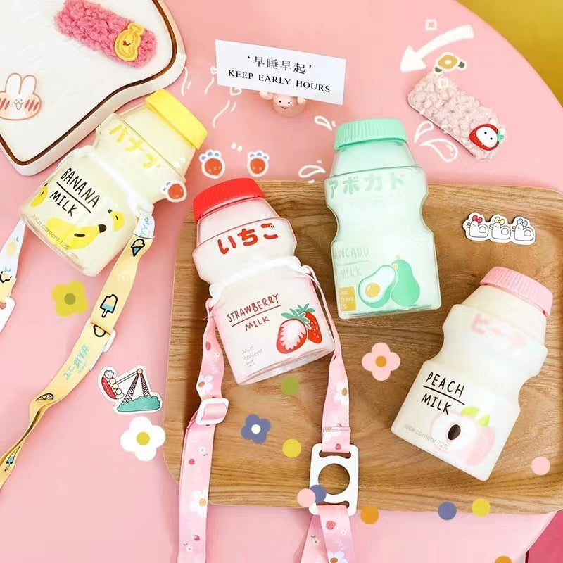 450ml Yogurt Plastic Cute Water Bottle With Straps Carton Kawaii Tour Fruit Drinking Yakult Shape Milk Portable Kids/Girl/Adult