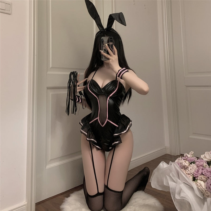 NEW Bunny Girl Cosplay Costume PU Leather One Piece Bodysuit Sexy Black Pink Rabbit Suit Kawaii Ears Anime Outfit for Women