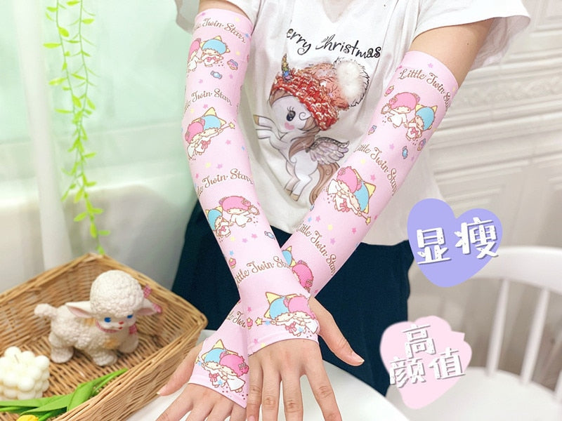 Kawaii Sanrios Kuromi My Melody Cinnamonroll Men Women Arm Sleeves Summer Breathable Quick Dry UV Protection Ice Silk Gloves